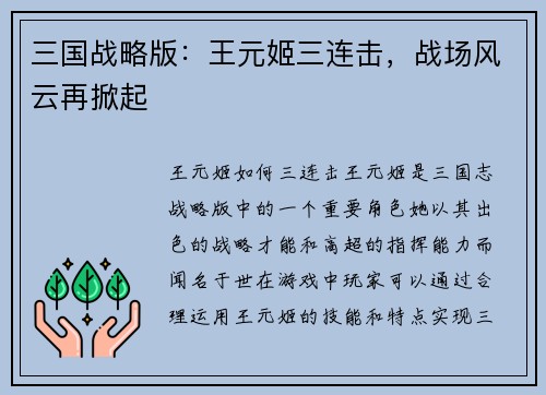 三国战略版：王元姬三连击，战场风云再掀起